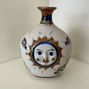 Mexican pottery, Tonala, signed Santana, sun, flowers, butterflies, foliage!